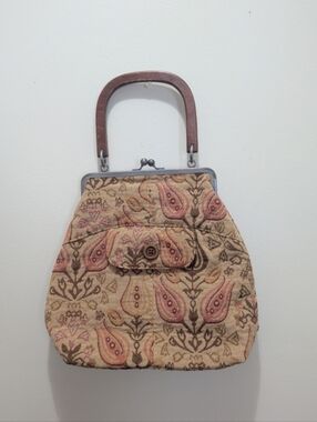 Vintage Fossil Tapestry Wooden Handle Kiss Lock Purse Handbag